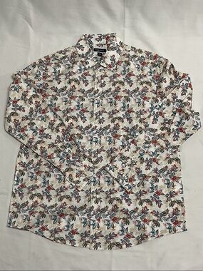 Club Room White Long- Sleeve Button-Down Shirt with Red & Blue Floral Print